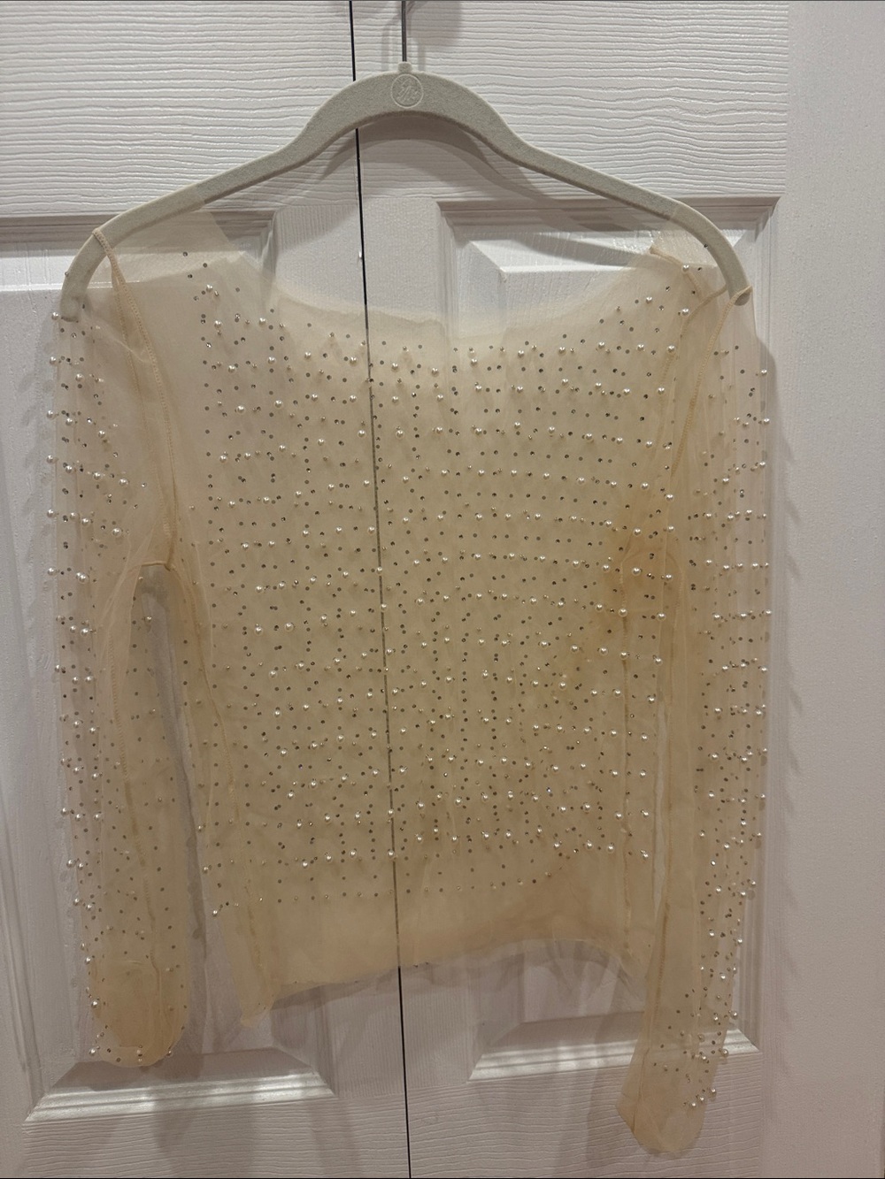 Pearl Cream Mesh Long-Sleeve Top